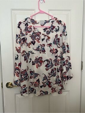 Van Heusen White Paisley-Print Long Sleeve Blouse with Red & Blue Accents